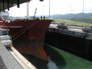 Another view of the ship being stabilized by Mules. 