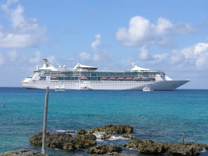 Grandeur of the Seas anchored in Georgetown's harbor.